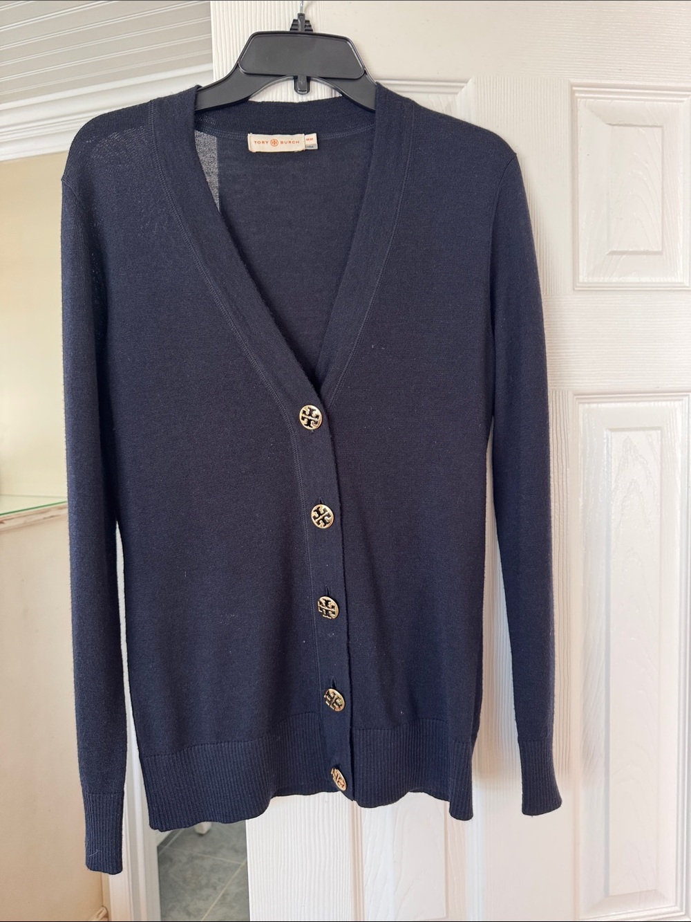 Tory Burch Navy Logo-Button V-Neck Cardigan